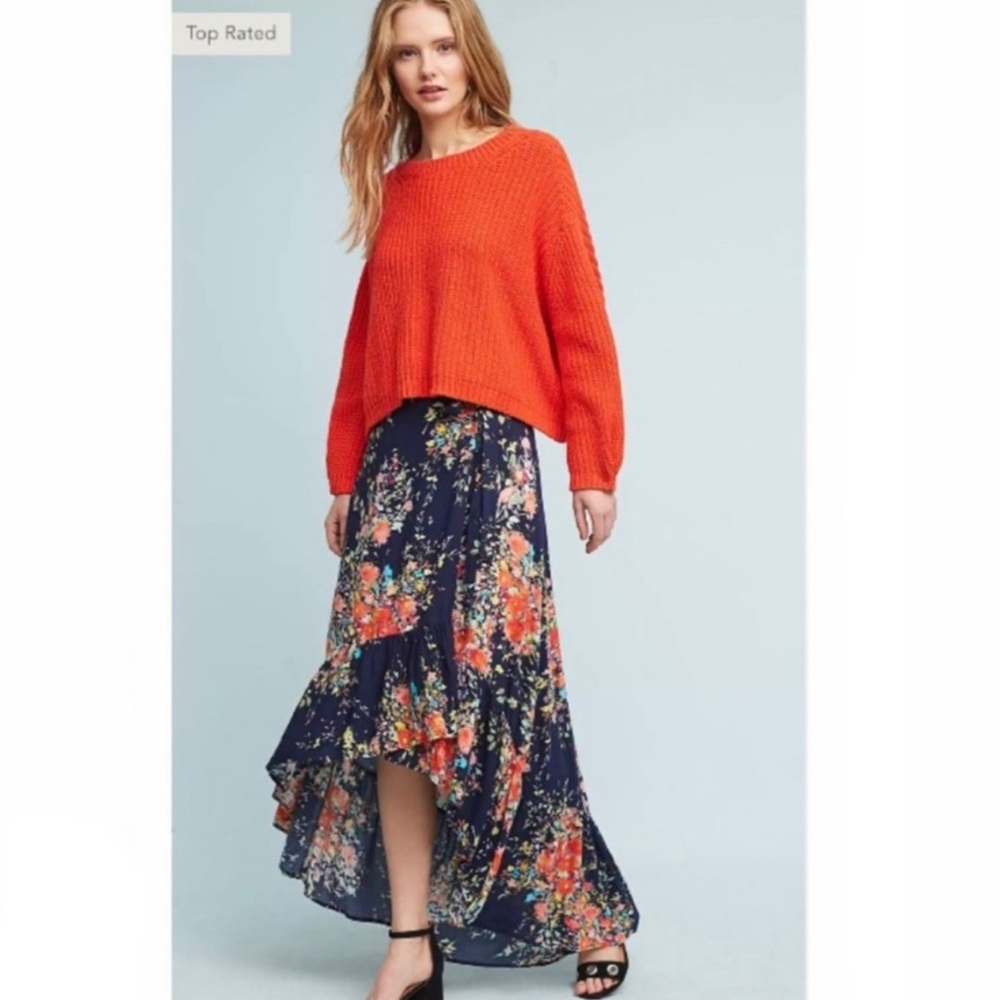 Anthropologie On The Road Floral High-Low Skirt in Navy and Red